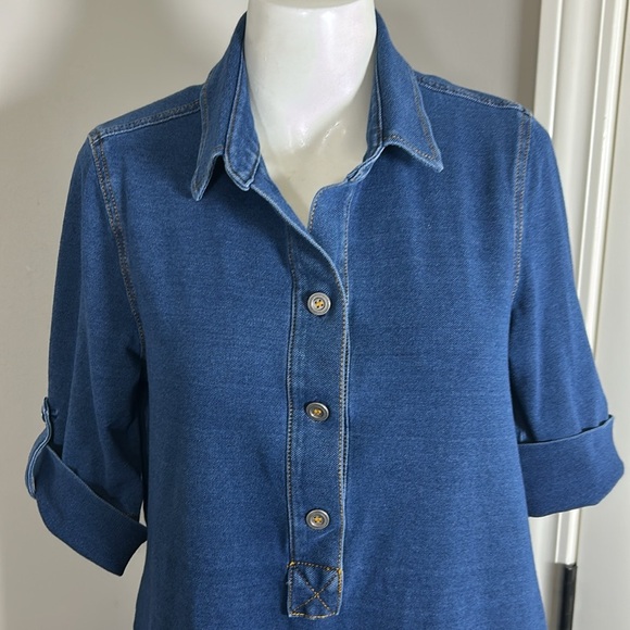 J McLaughlin Chambray Relaxed Fit Dress Knee Length Pockets Roll Sleeve Sz M - Picture 2 of 12
